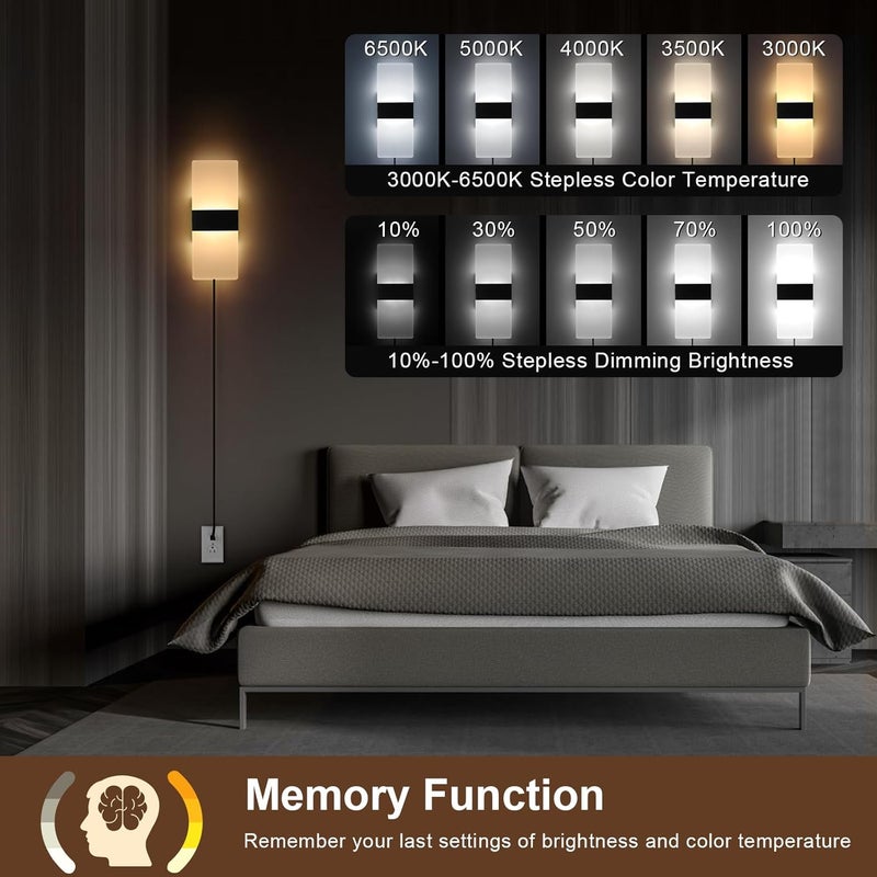GOODATE Plug in Wall Sconce with Stepless Adjustable 3000K-6500K Colors and 10%-100% Brightness, 12W Acrylic LED Wall Light with Remote, Hardwire or Plug-in (1 Pack, Black) - Image 2